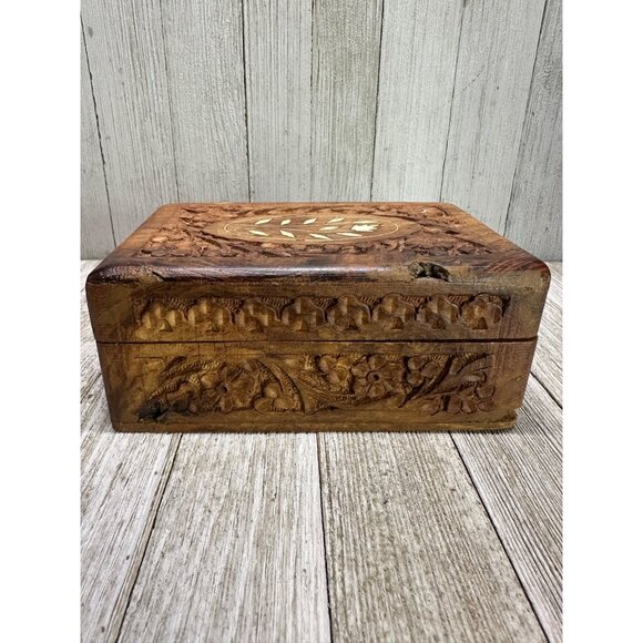 Vtg Wooden Jewelry Trinket Box Carved Inlay Flower Top Design 6 x  4 in India - Picture 2 of 10